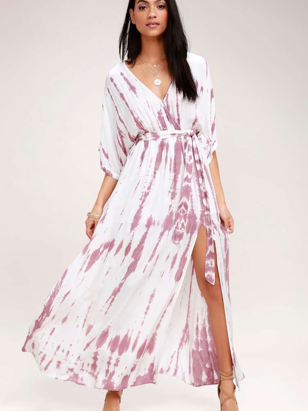 LULUS Sunday Morning Mauve Tie-Dye Wrap Maxi Dress